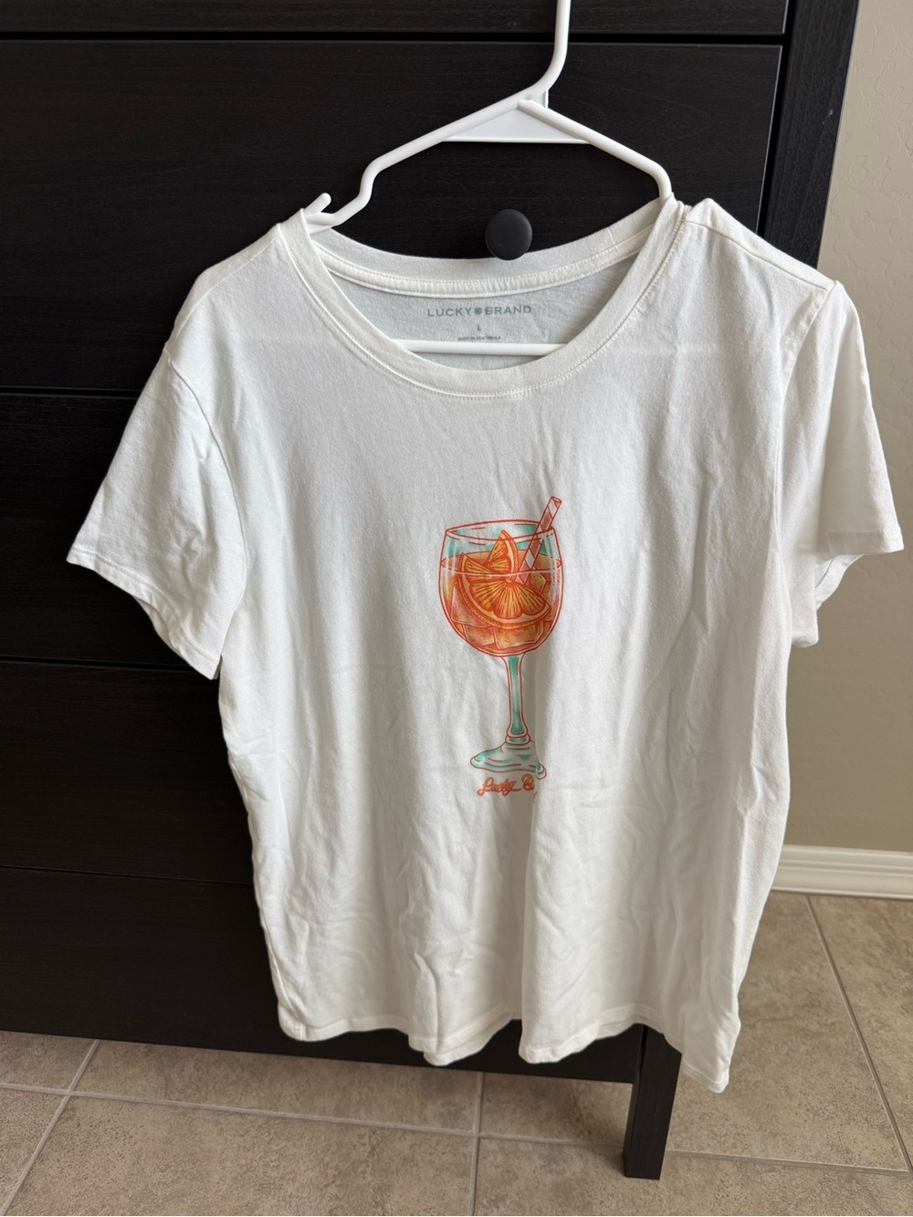 Lucky Brand White Tee with Orange Cocktail Illustration